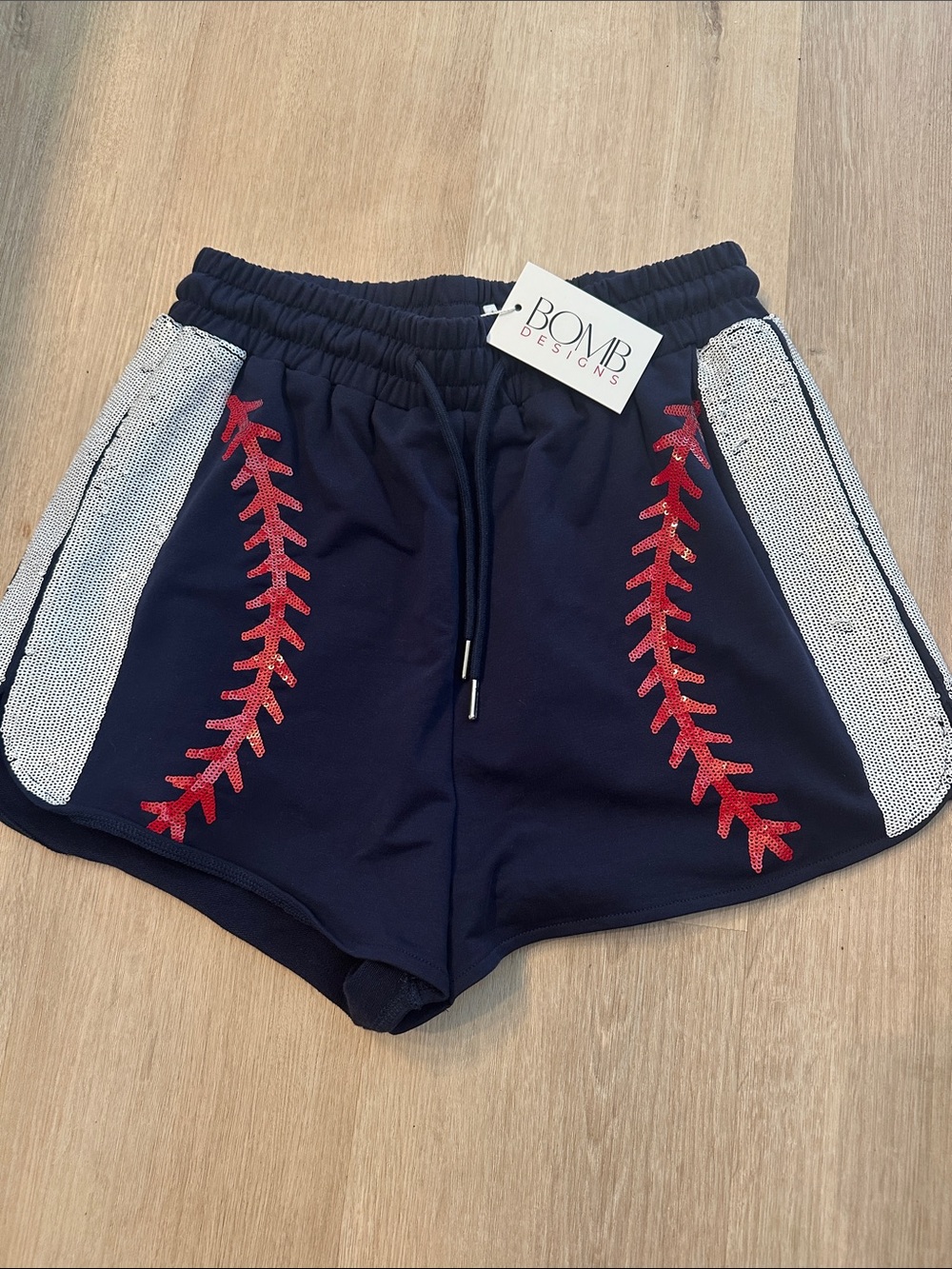 Navy sequined Women’s Athletic Shorts with Red Stitch Detail